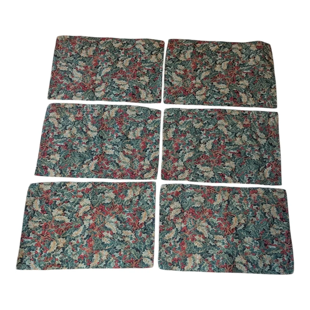 Vintage 6 Handmade Woven Tapestry Holly Berry Winter Holiday Christmas Placemats